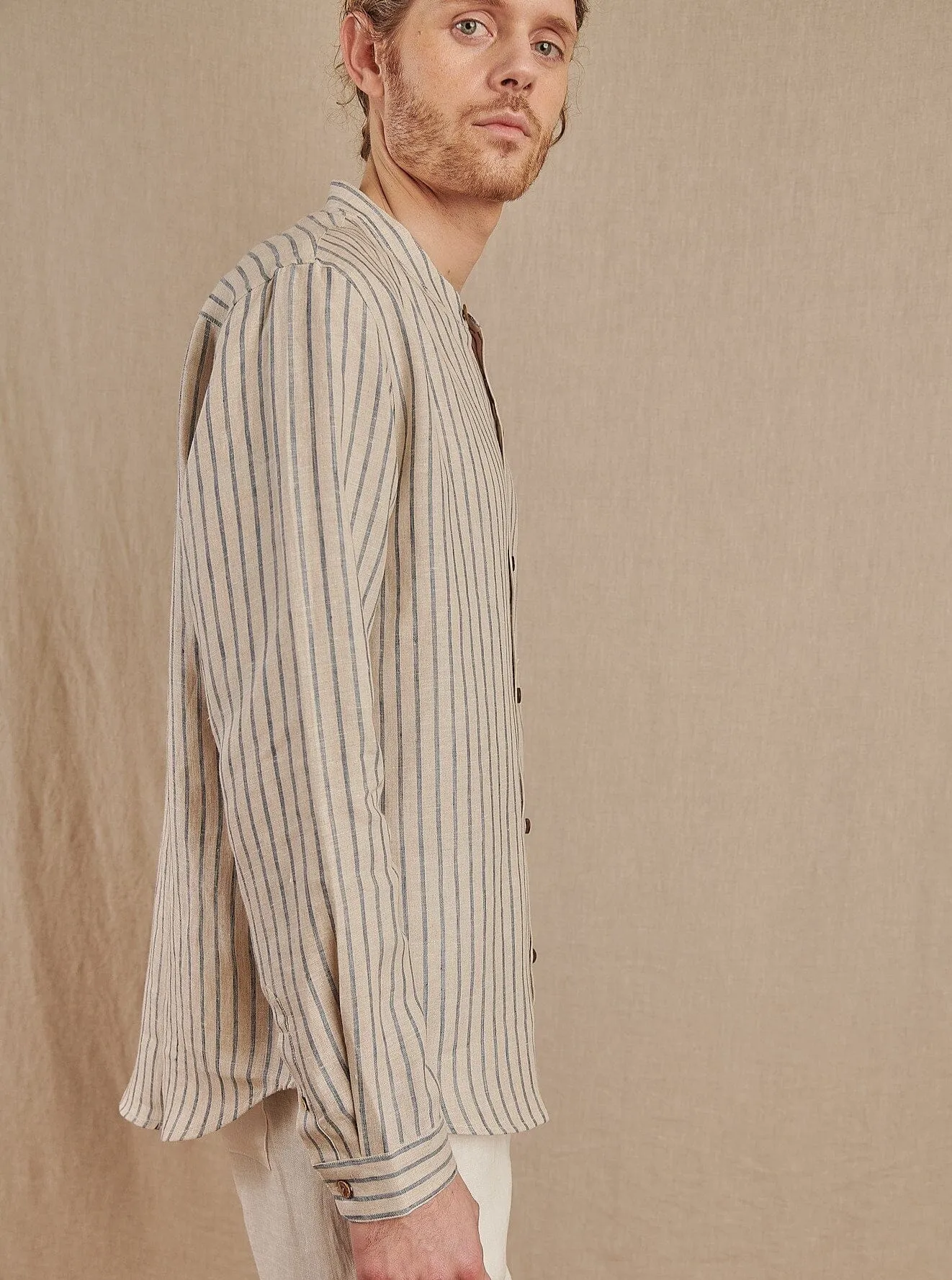 Men's Striped Monty Mandarin in Linen - Final Sale Thoughtful design