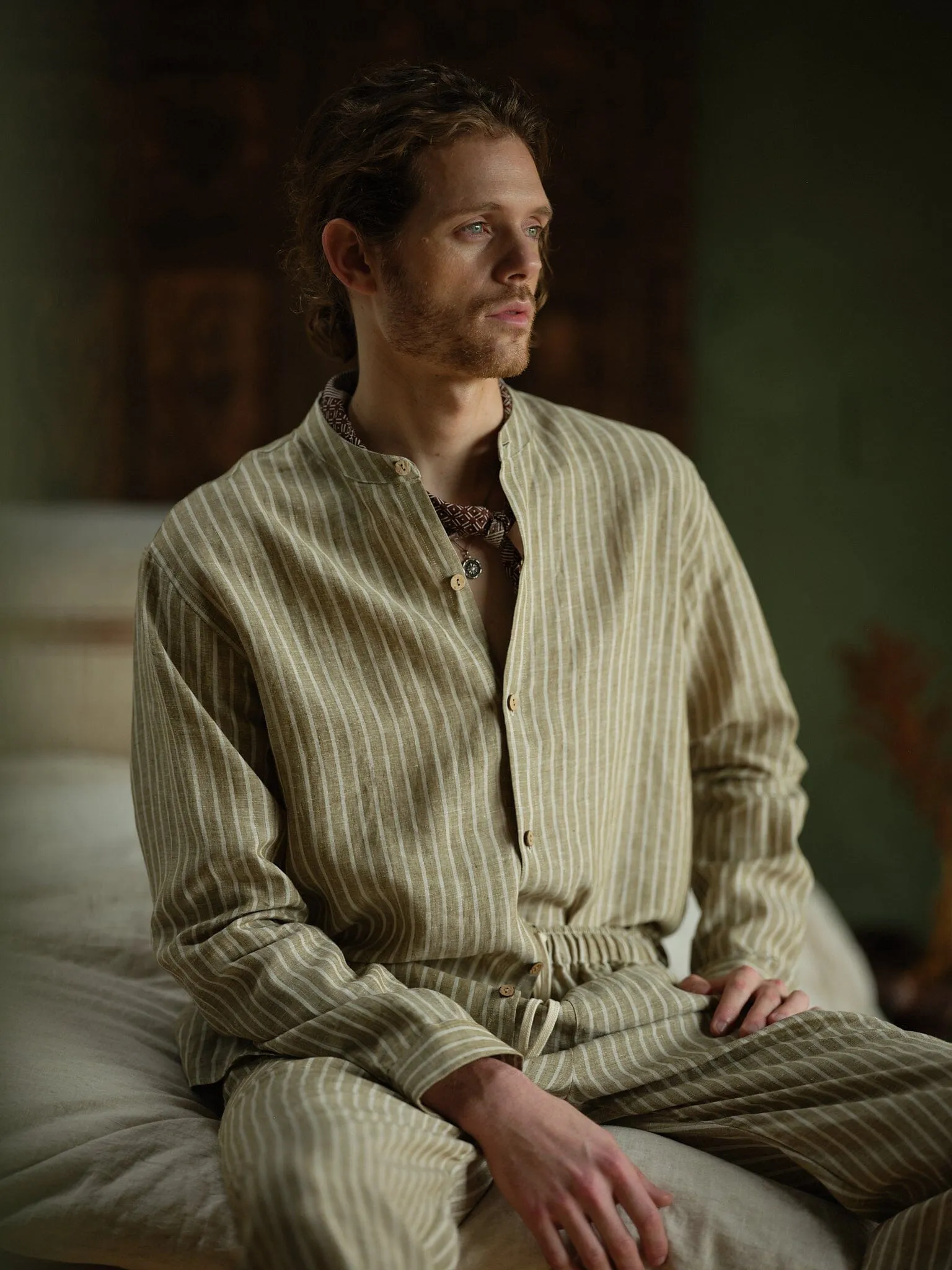 Men's Striped Monty Mandarin in Linen - Final Sale Custom print