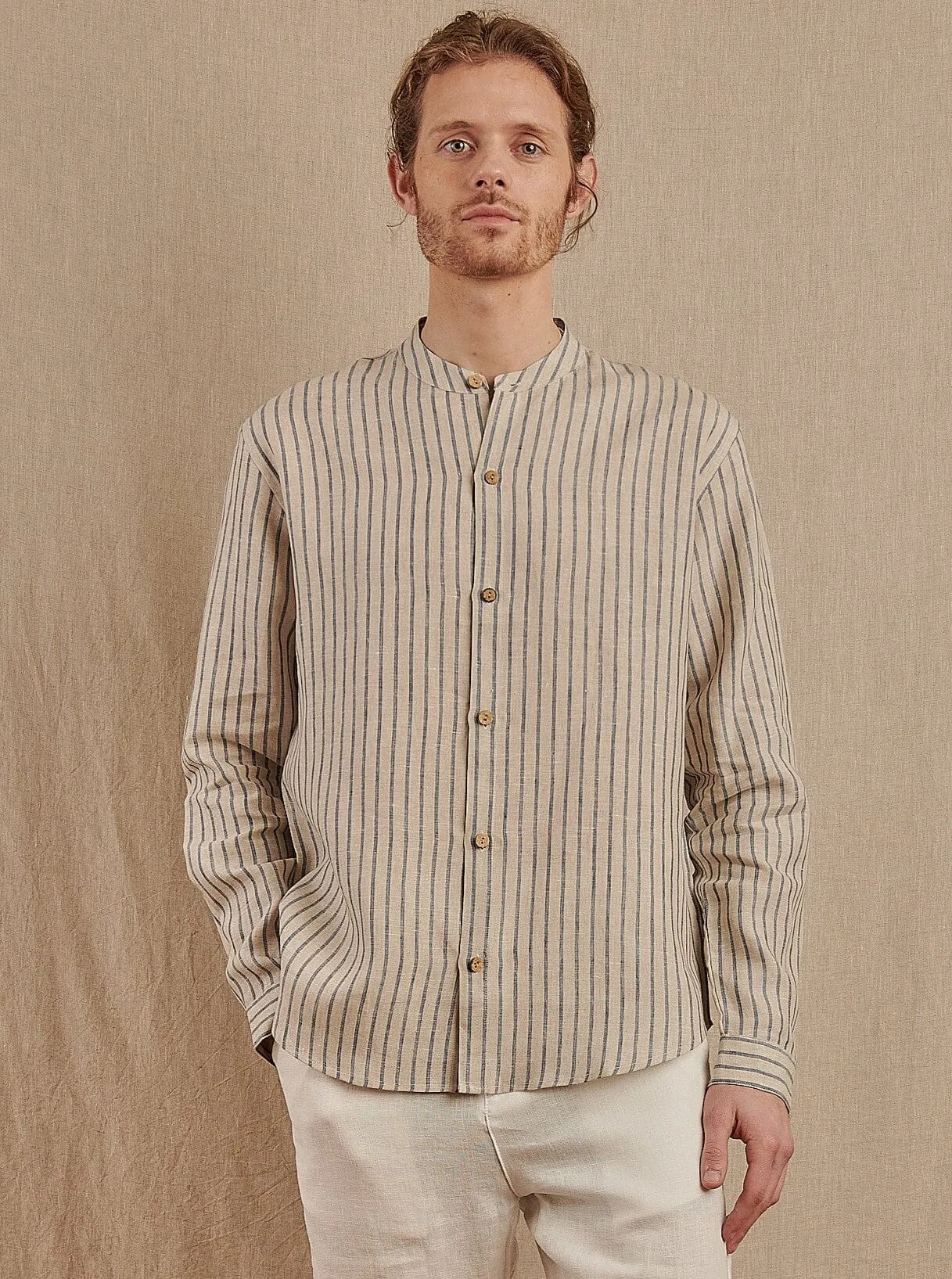 Men's Striped Monty Mandarin in Linen - Final Sale Comfort slim