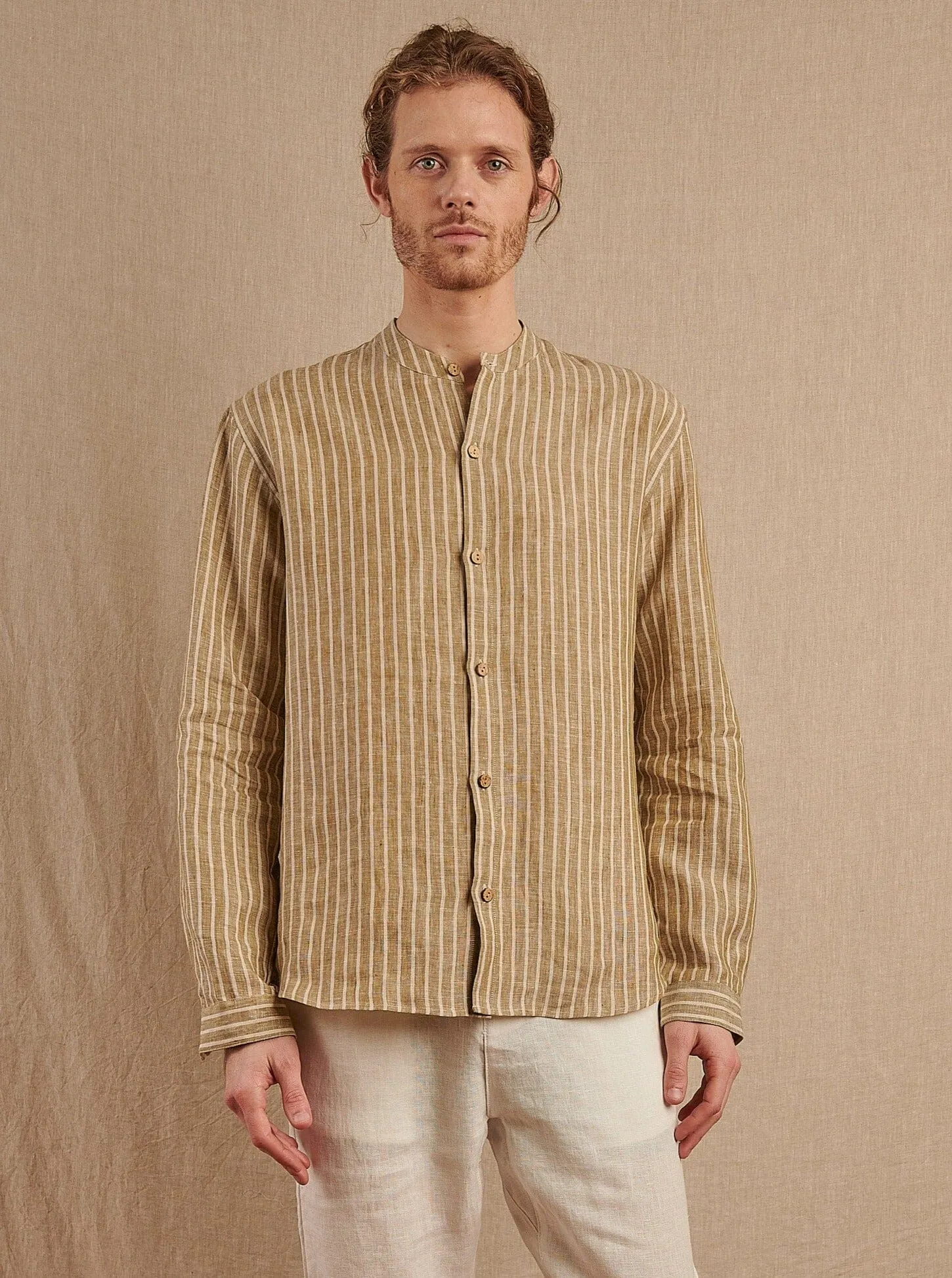 Men's Striped Monty Mandarin in Linen - Final Sale Clean simple