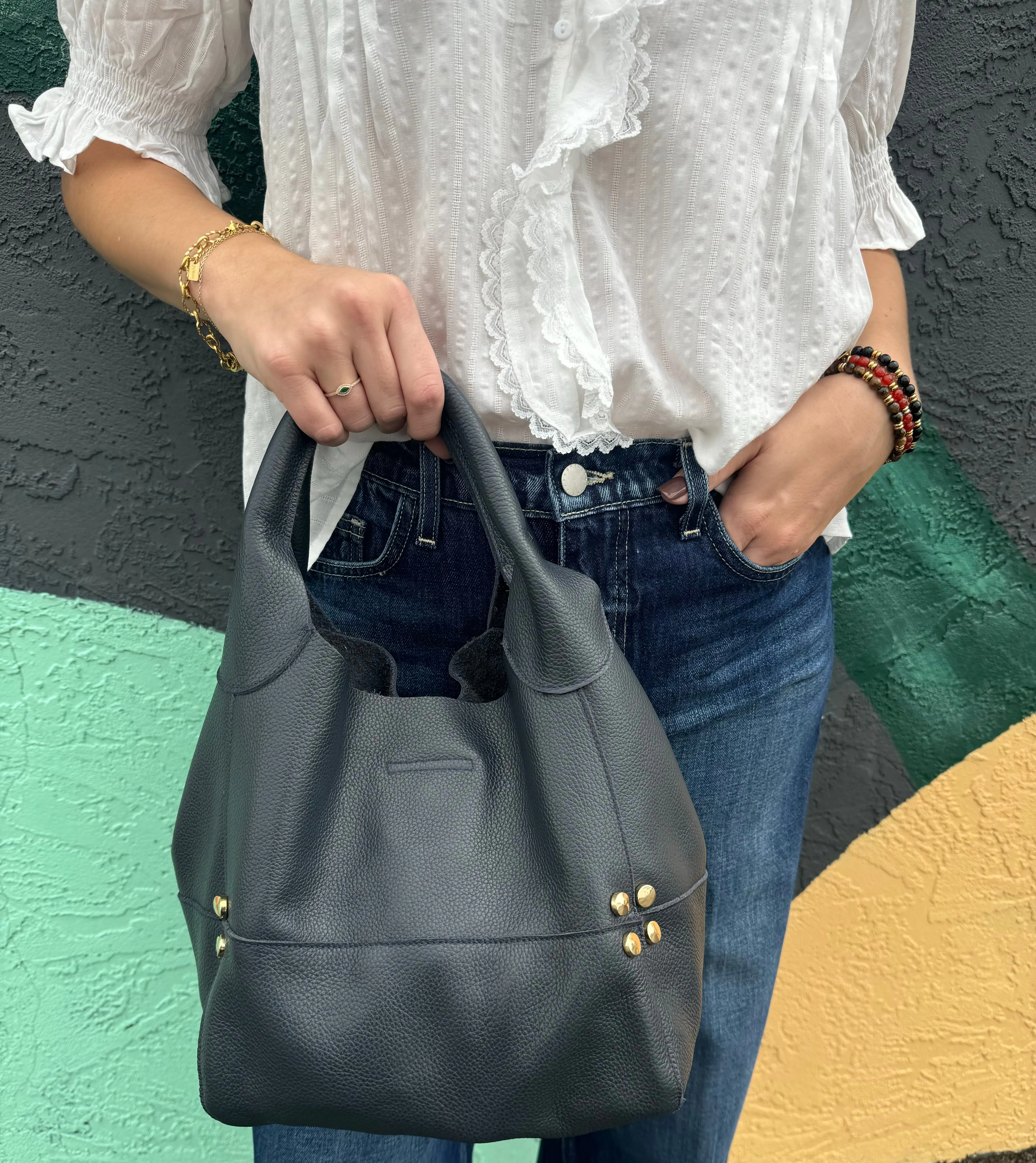 Navy Leather Bag with Gold Details chill feel