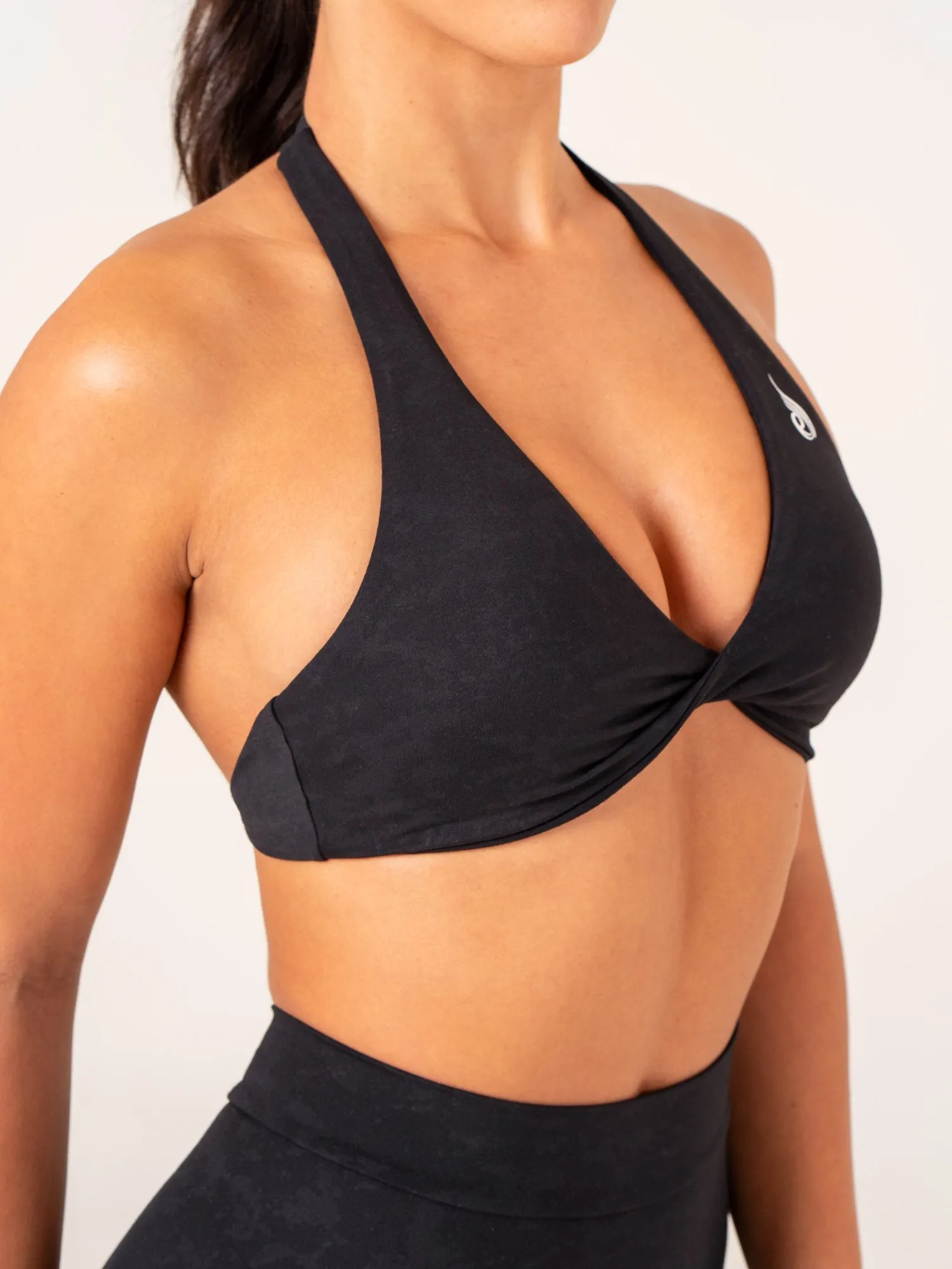 NKD Stonewash Halter Sports Bra - Black Stonewash Fully Stretch