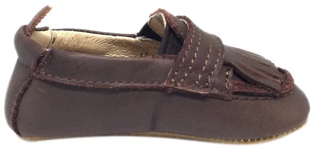Old Soles Boy's and Girl's Distressed Brown Leather Bambini Domain Tassel Fringe Loafer Crib Walker Baby Shoe clean lines
