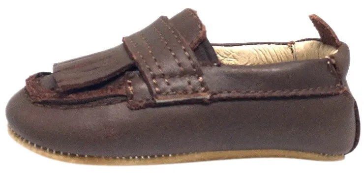 Old Soles Boy's and Girl's Distressed Brown Leather Bambini Domain Tassel Fringe Loafer Crib Walker Baby Shoe suit ready