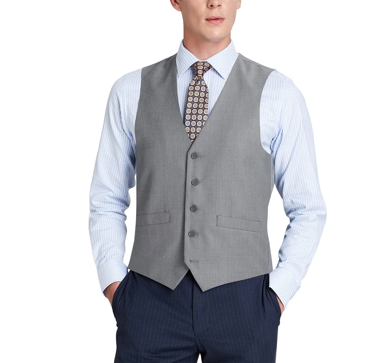 Renoir 202-2 Men's Classic Fit Suit Separate Vest - Grey Detail Fine