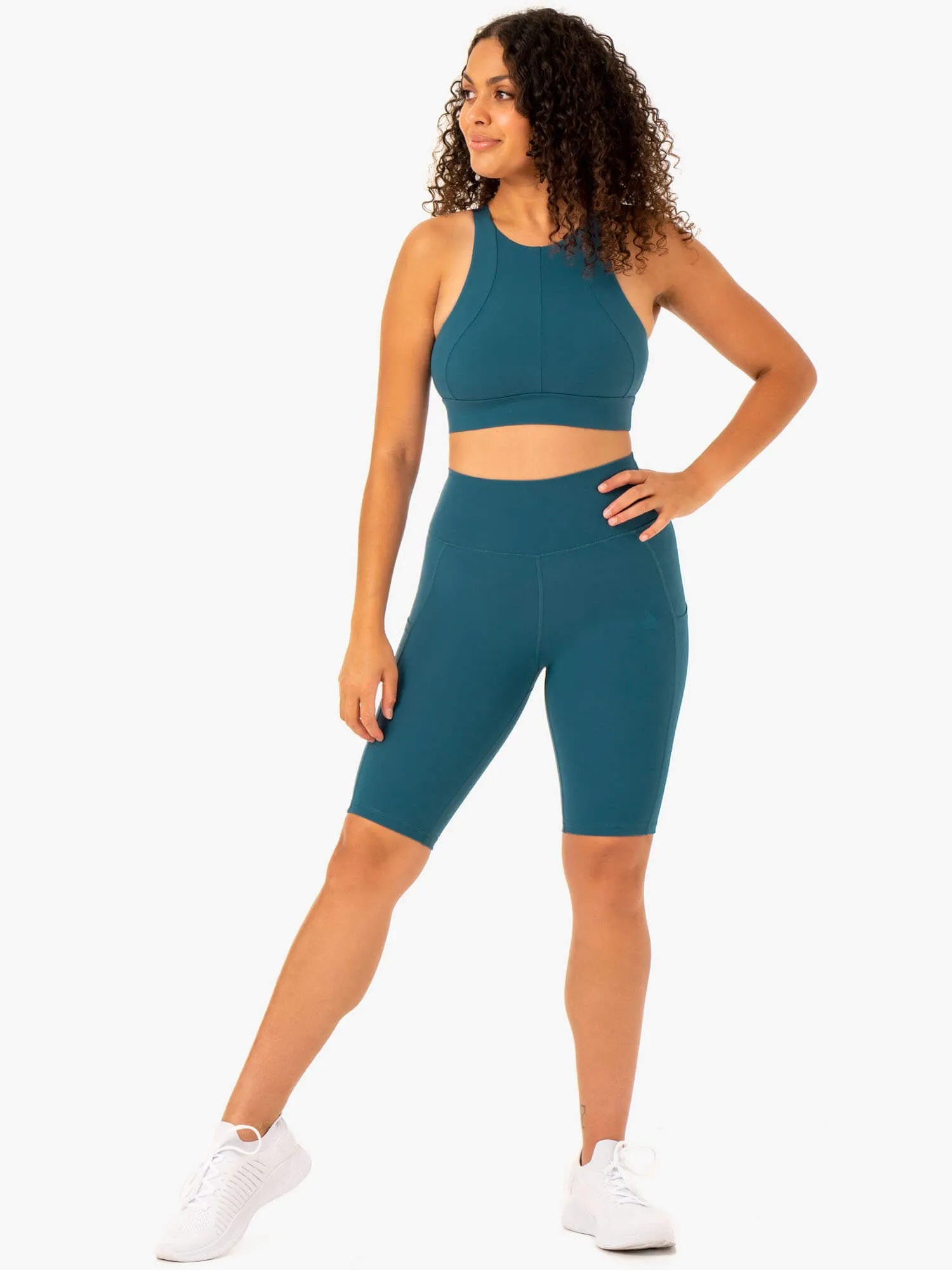 Reset High Waisted Pocket Bike Shorts - Teal sweat protection