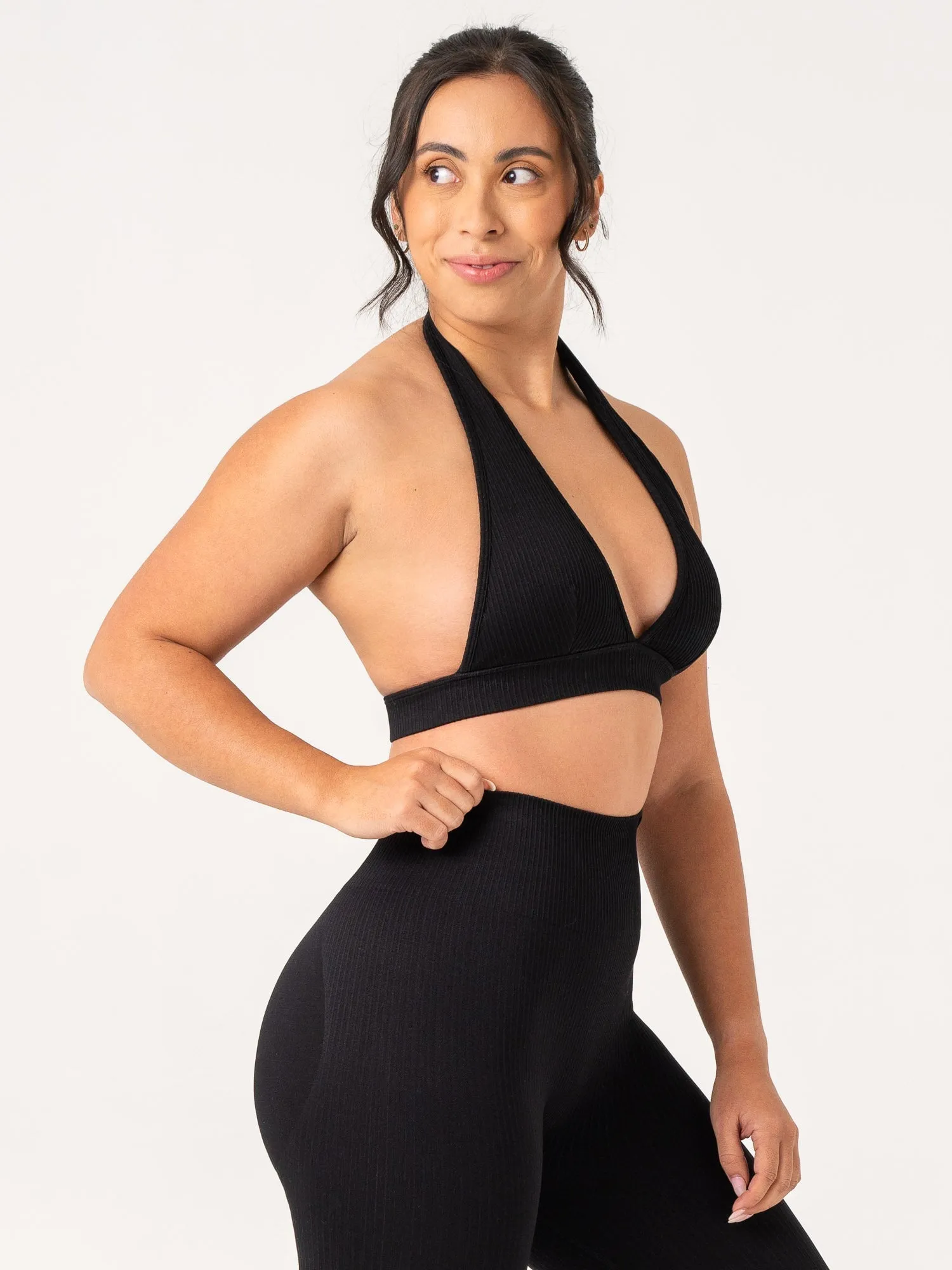Rib Seamless Halter Sports Bra - Black Strong Defense