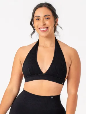 Rib Seamless Halter Sports Bra - Black Multi Scenario