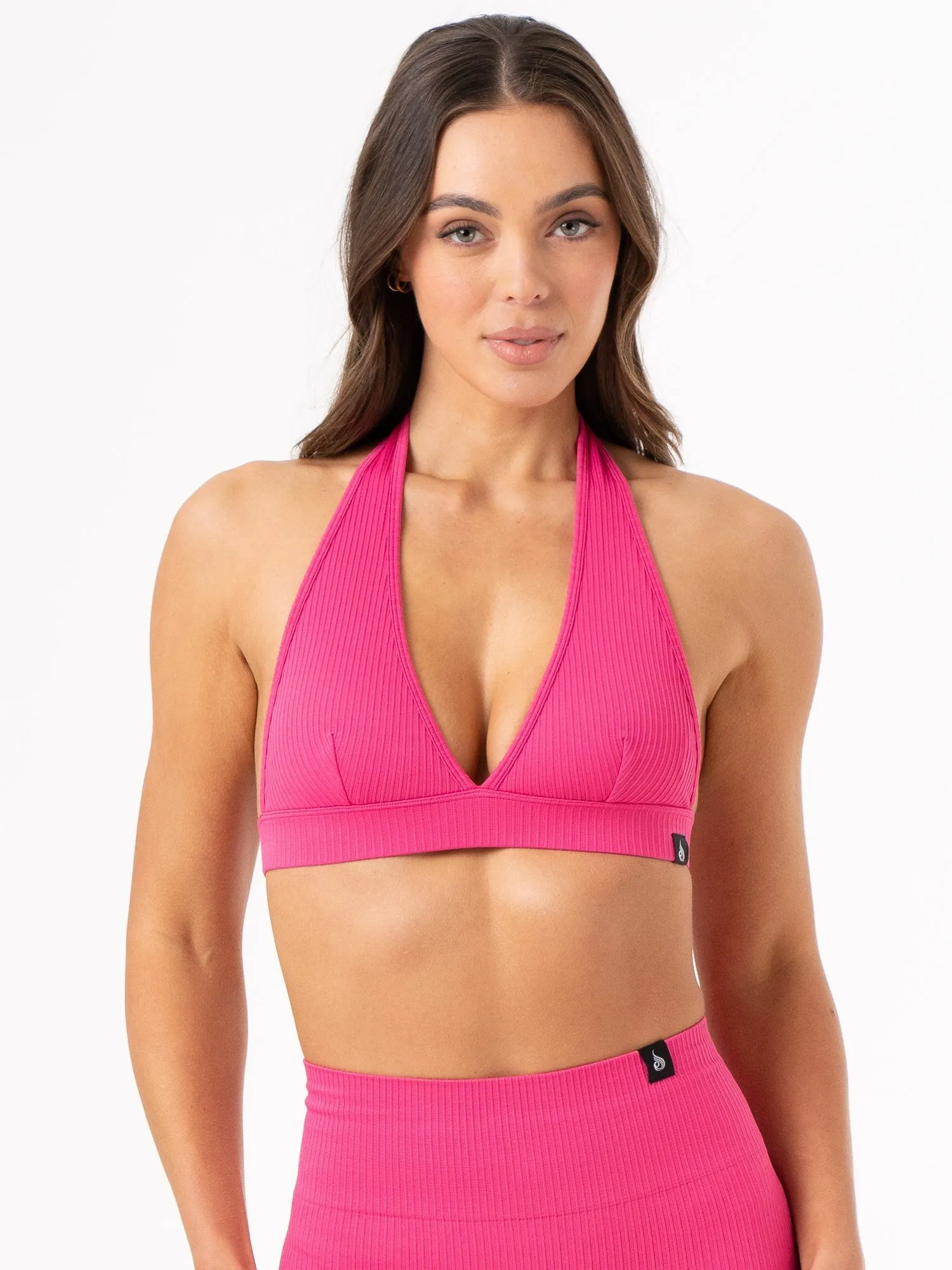 Rib Seamless Halter Sports Bra - Hot Pink Compression Fit