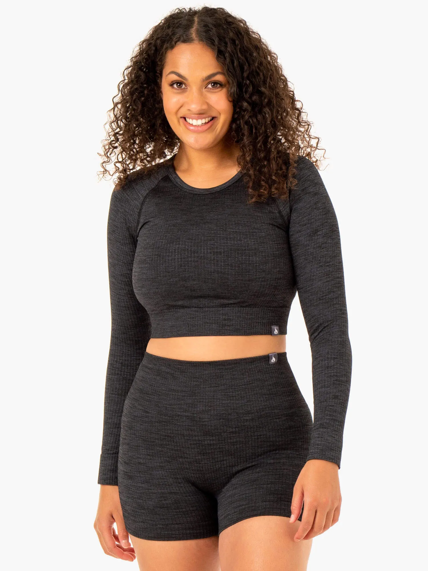 Rib Seamless Long Sleeve Top - Black Marl simple design