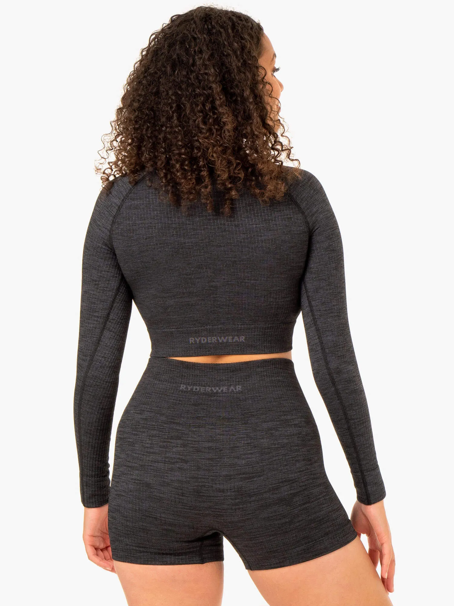 Rib Seamless Long Sleeve Top - Black Marl office formal