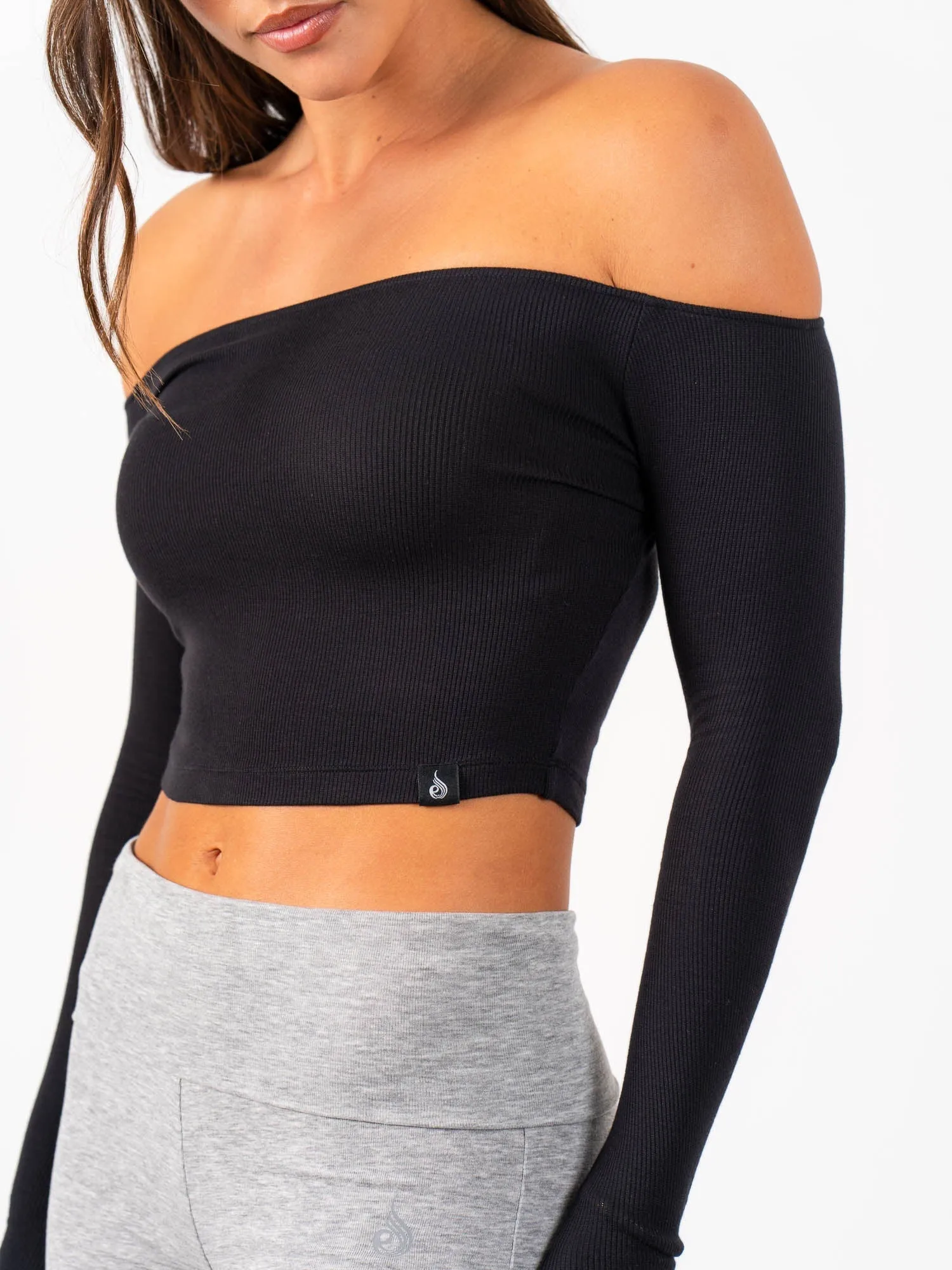 Ribbed Off Shoulder Long Sleeve Top - Black minimalist