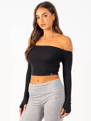 Ribbed Off Shoulder Long Sleeve Top - Black cultural legacy