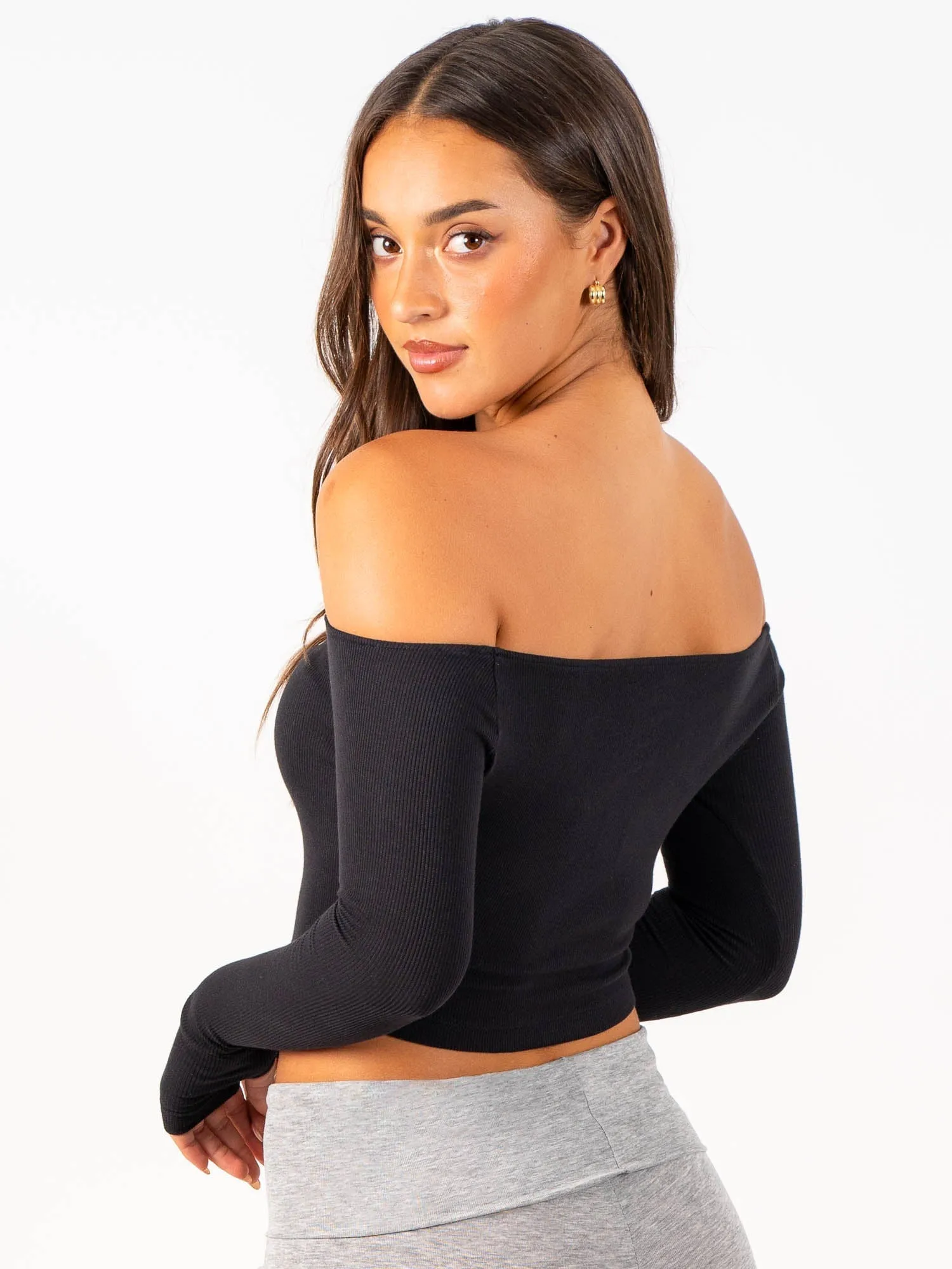 Ribbed Off Shoulder Long Sleeve Top - Black muscle support