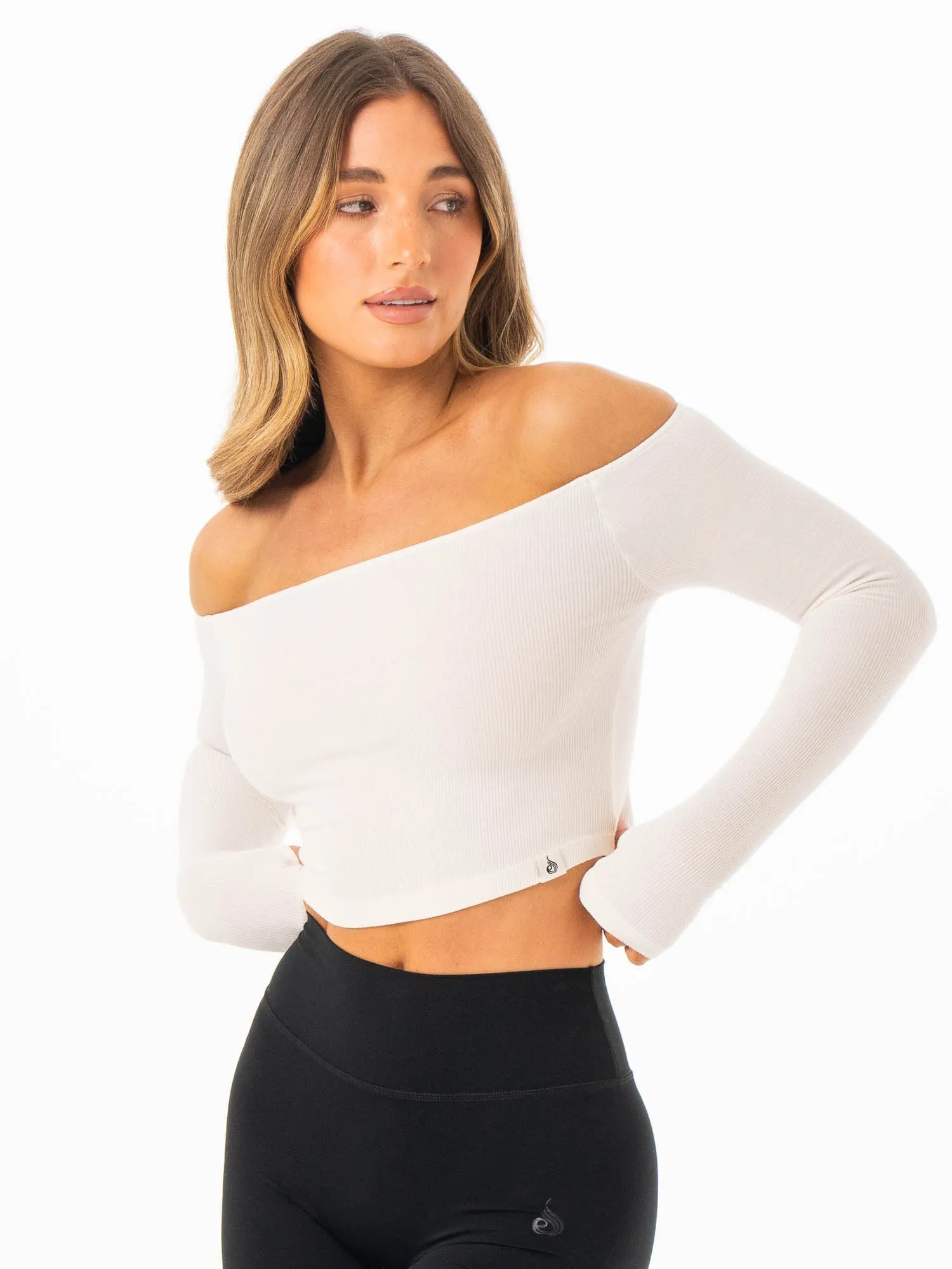 Ribbed Off Shoulder Long Sleeve Top - Off White sports fashion