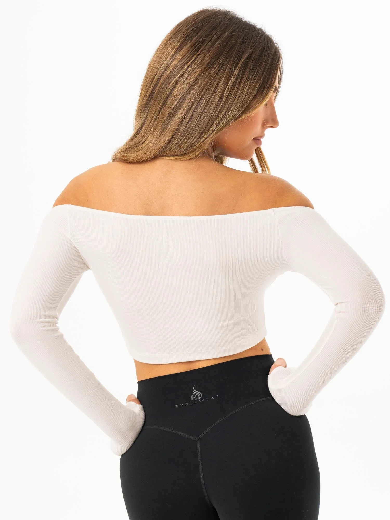 Ribbed Off Shoulder Long Sleeve Top - Off White breathable mesh