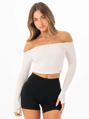 Ribbed Off Shoulder Long Sleeve Top - Off White summer cool