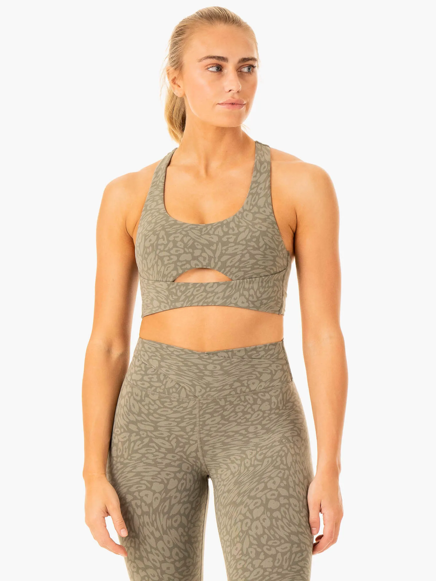 Rotation Sports Bra - Khaki Leopard Strong Defense