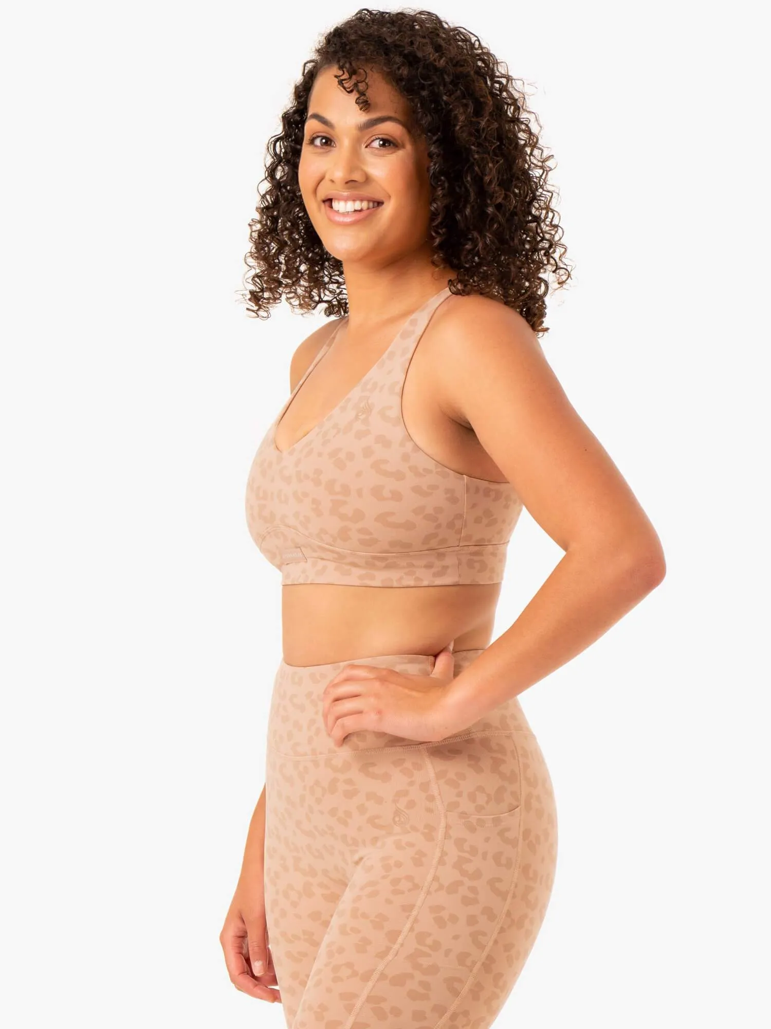 Ultra V-Neck Sports Bra - Tan Leopard Light Comfort