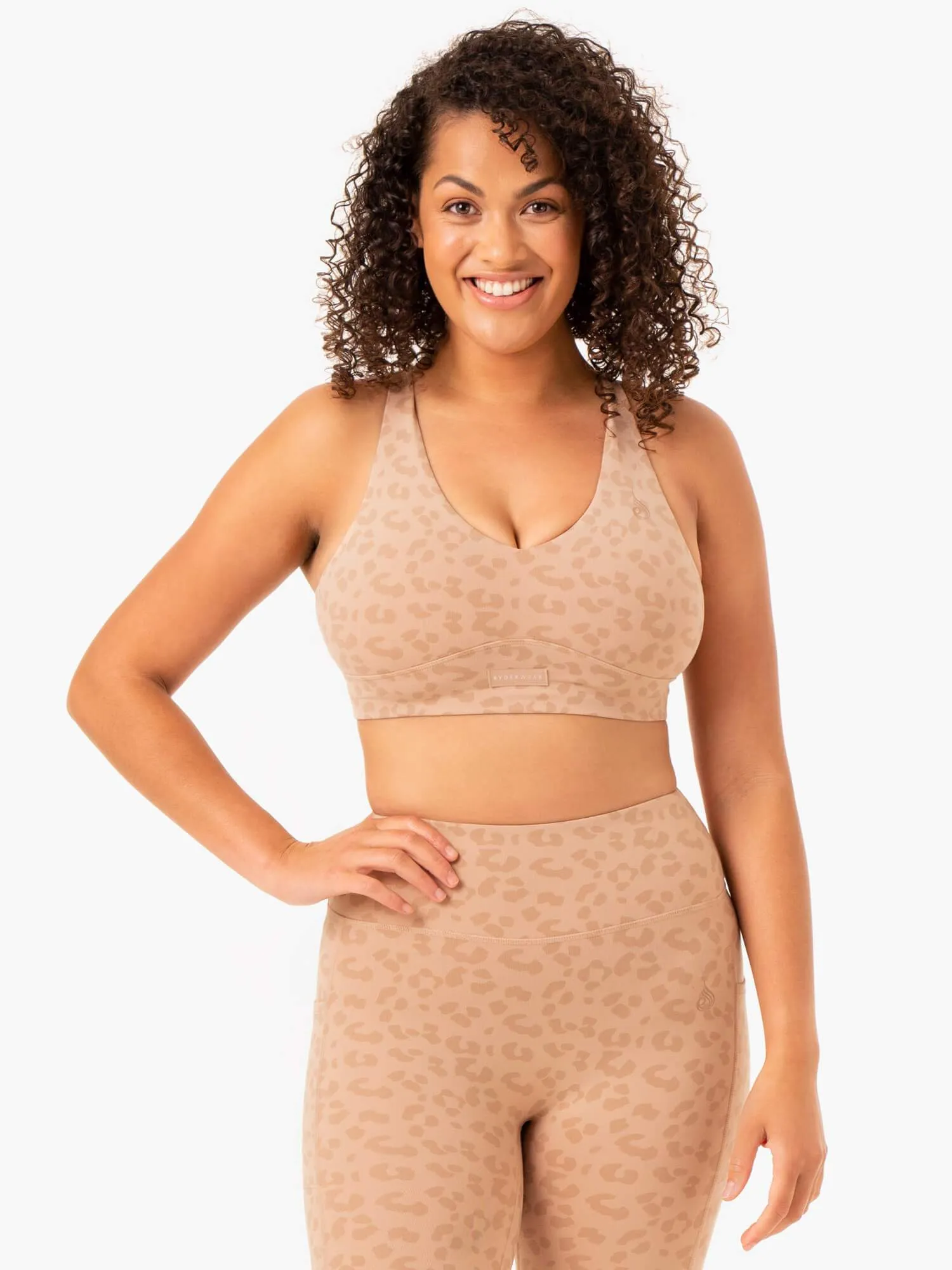 Ultra V-Neck Sports Bra - Tan Leopard Durable Material