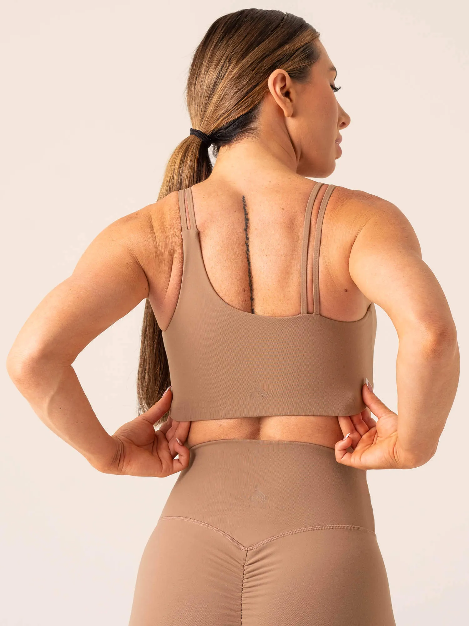Unstoppable One Shoulder Sports Bra - Mocha Elastic Band