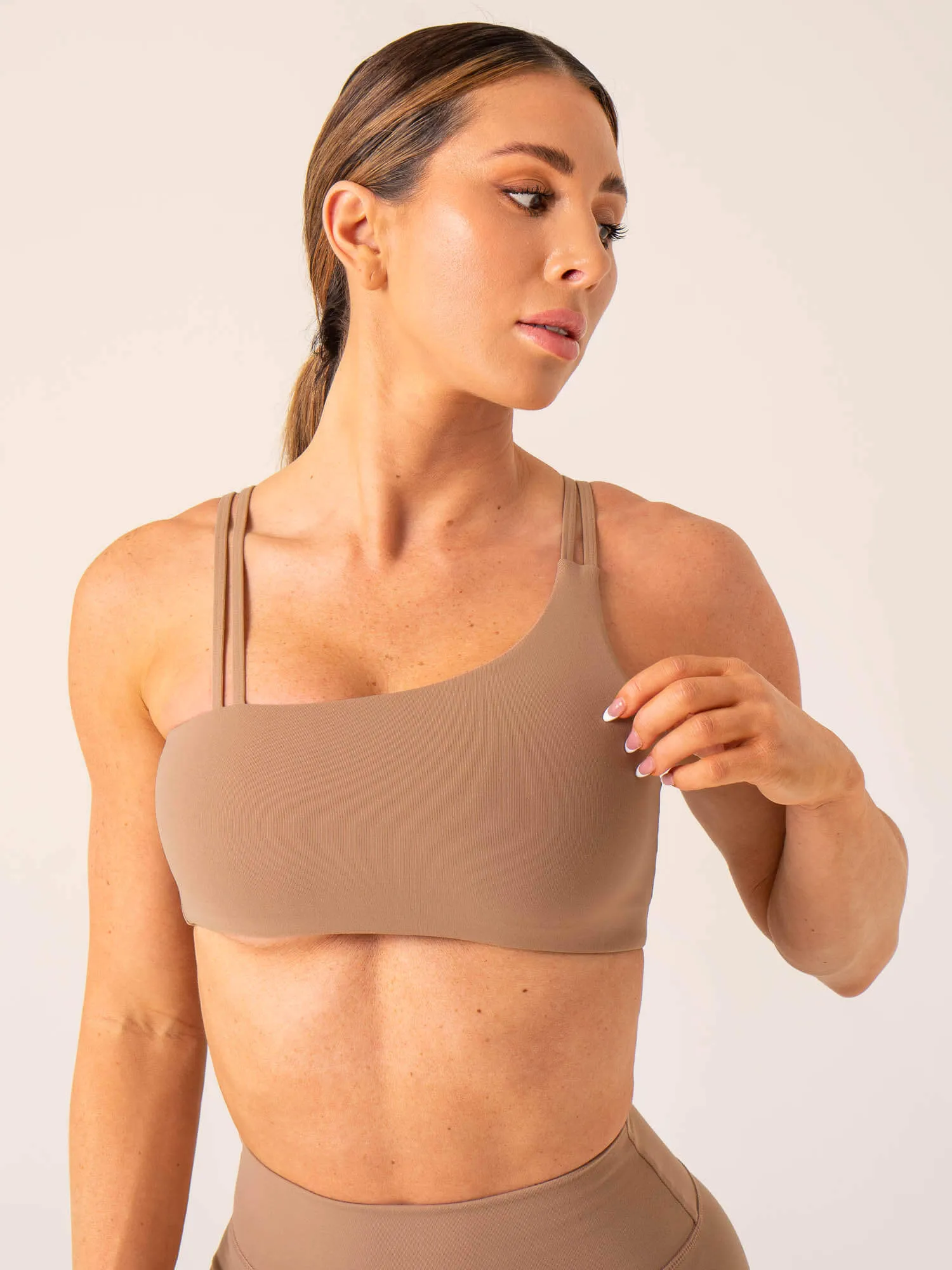 Unstoppable One Shoulder Sports Bra - Mocha Strong Grip