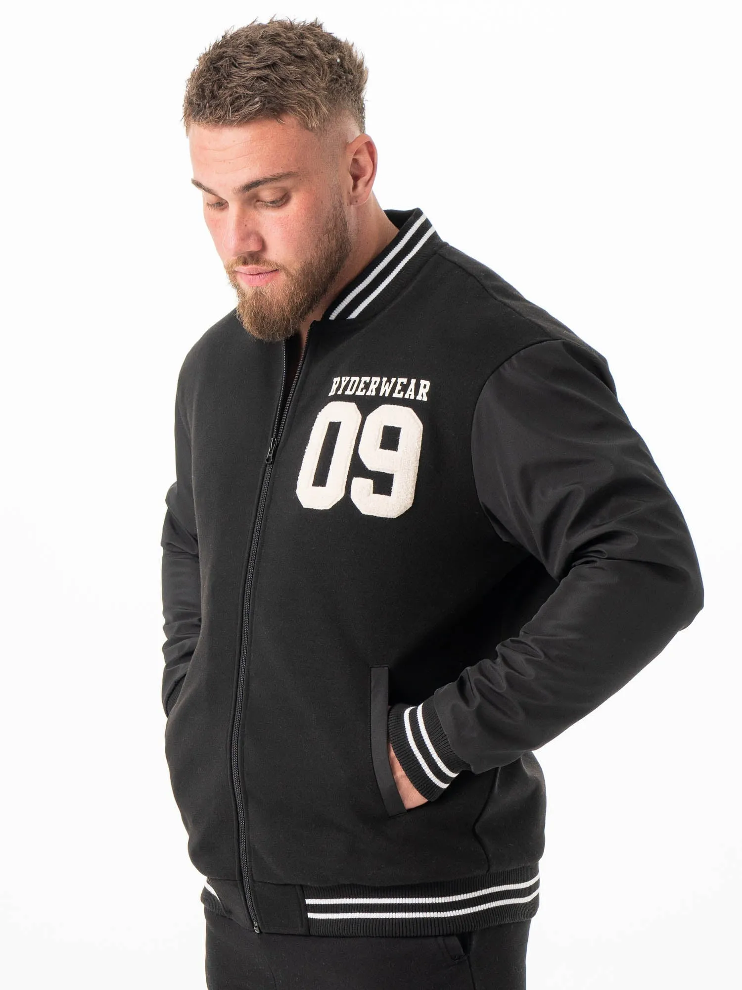 Varsity Bomber Jacket - Black/Black sleek fit