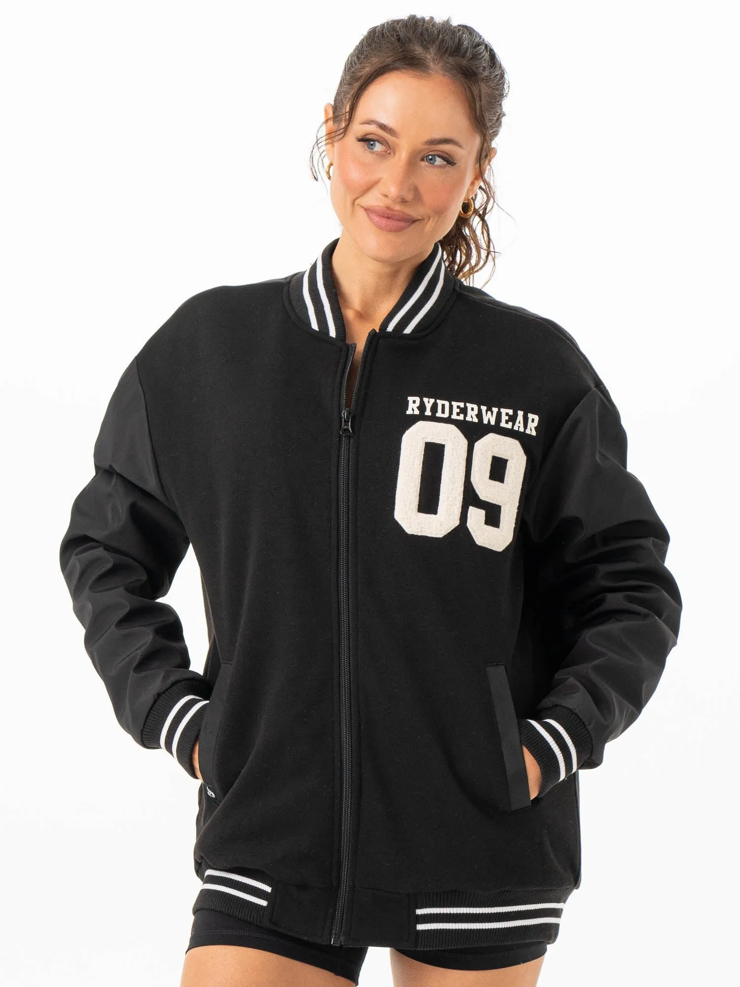 Varsity Bomber Jacket - Black/Black free pair