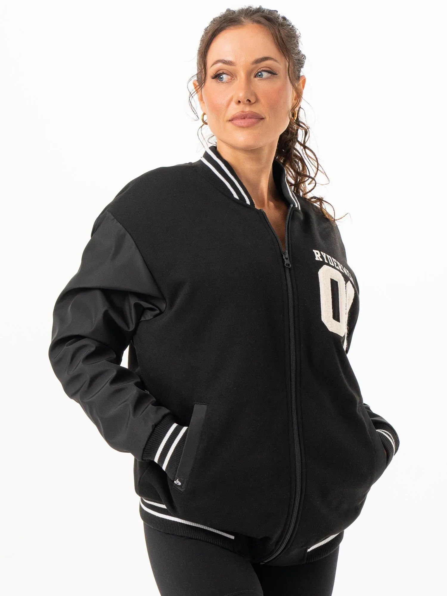 Varsity Bomber Jacket - Black/Black street style